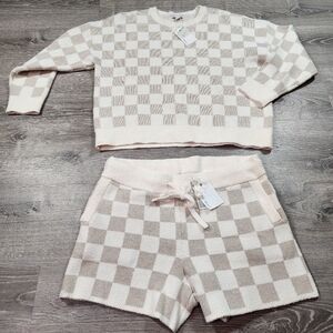 NWT BAREFOOT DREAMS 2 Pc CozyChic Oatmeal Cream Checkered Top Short Set XL